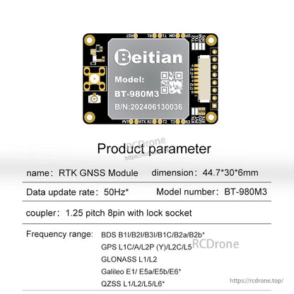 Beitian BT-980M3 RTK GNSS module board with 8-pin connector, 44.7×30×6 mm, for UAV navigation