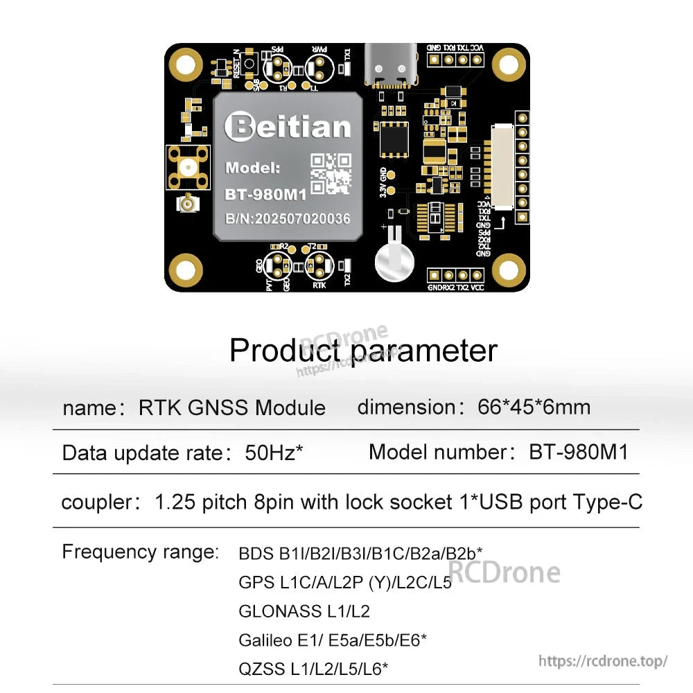 BT-980M1 product parameter sheet with 66×45×6mm size, Type-C port and frequency range list