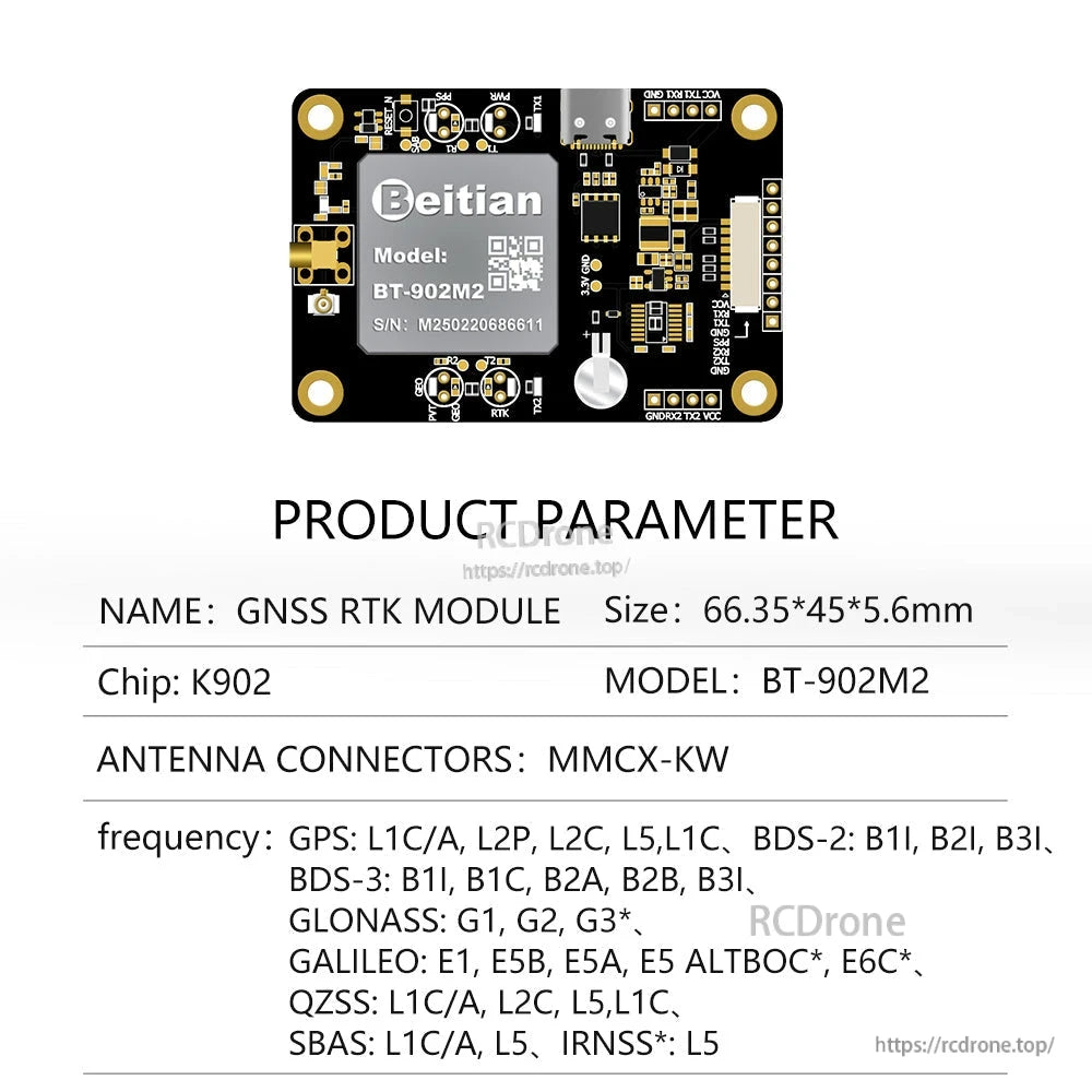 BT-902M2 K902 chip GNSS RTK module parameter sheet, MMCX-KW antenna connector, 66.35×45×5.6mm