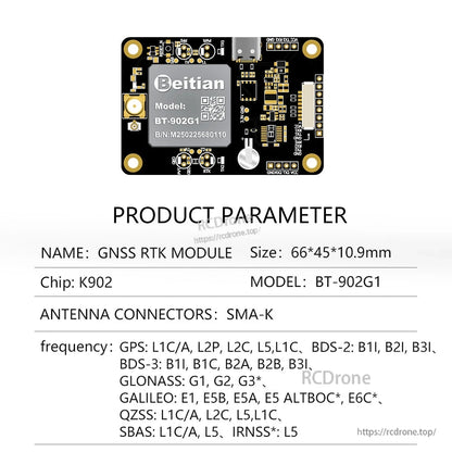 BT-902G1 K902 chip GNSS RTK module parameter sheet, SMA-K antenna connector, 66×45×10.9mm