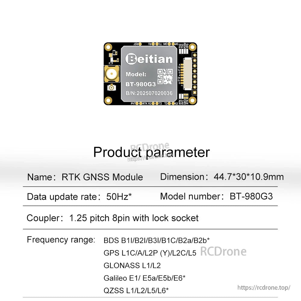 BT-980G3 product parameter sheet with 44.7×30×10.9mm dimensions and frequency range list