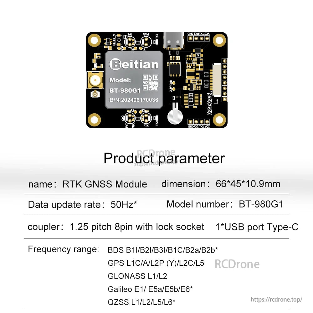 BT-980G1 product parameter sheet showing 66×45×10.9mm size and supported frequency ranges