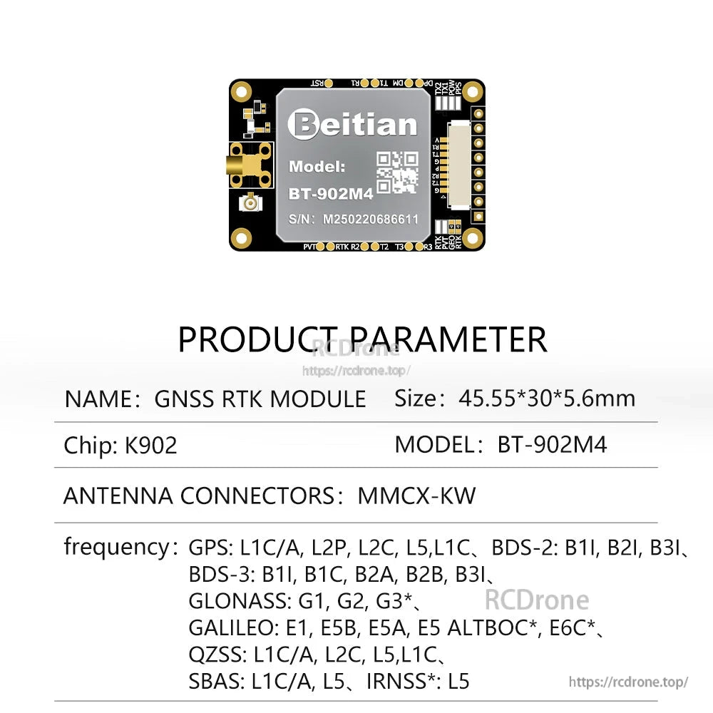 BT-902M4 K902 chip GNSS RTK module parameter sheet, MMCX-KW antenna connector, 45.55×30×5.6mm