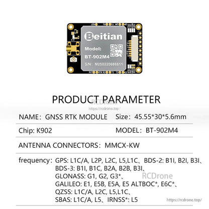 BT-902M4 K902 chip GNSS RTK module parameter sheet, MMCX-KW antenna connector, 45.55×30×5.6mm
