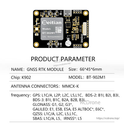 BT-902M1 K902 chip GNSS RTK module parameter sheet, MMCX-K antenna connector, 66×45×6mm