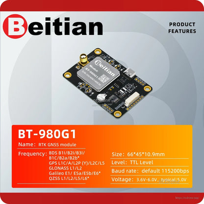 BT-980G1 RTK GNSS module product features chart with board image and parameter table