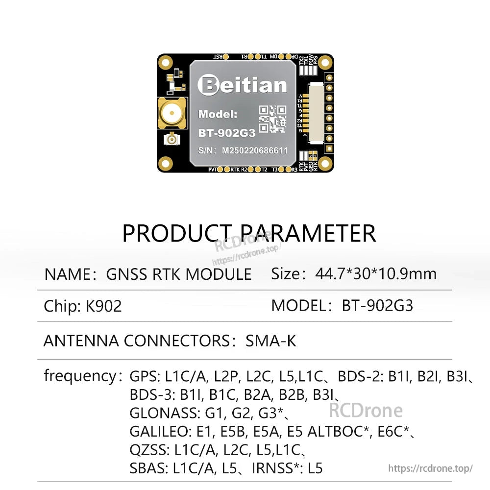 BT-902G3 K902 chip GNSS RTK module parameter sheet, SMA-K antenna connector, 44.7×30×10.9mm