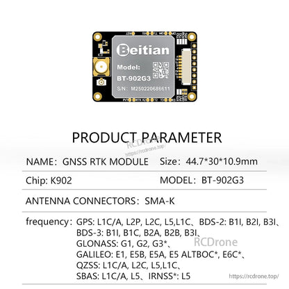 BT-902G3 K902 chip GNSS RTK module parameter sheet, SMA-K antenna connector, 44.7×30×10.9mm