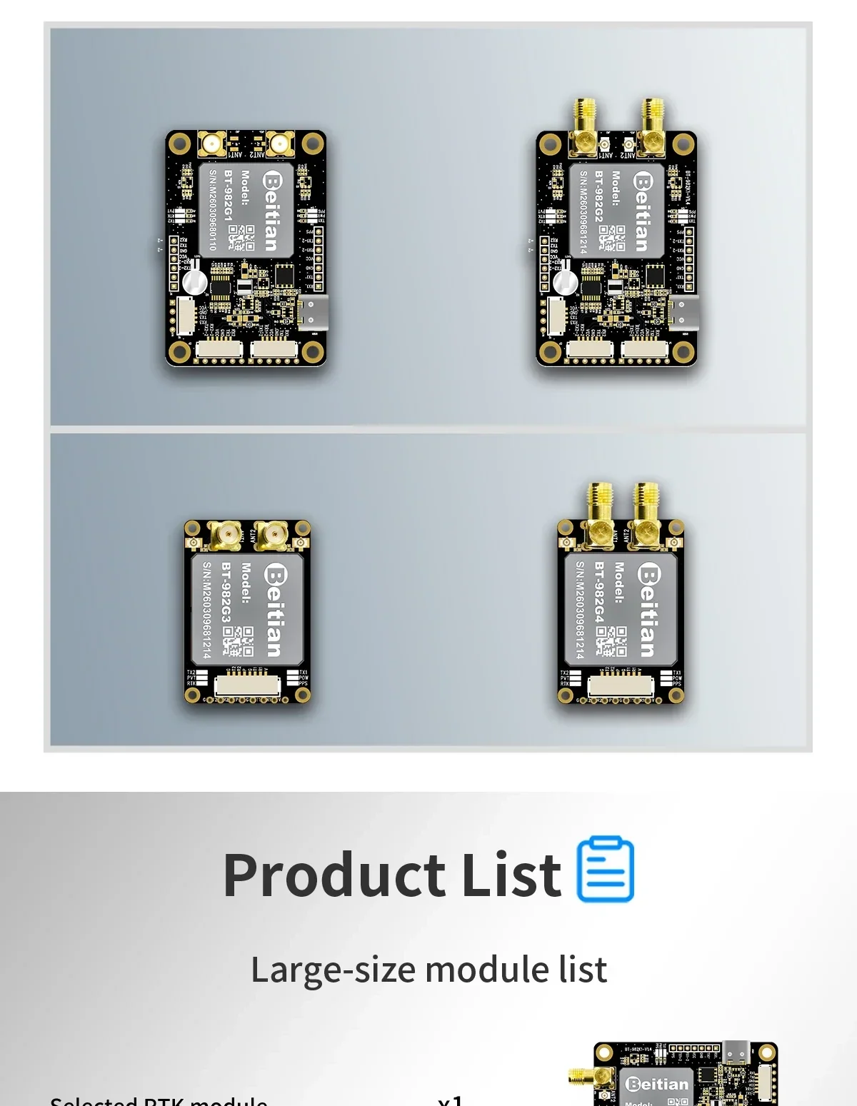 Top view lineup of Beitian RTK GNSS boards with different connector layouts, labeled as product list