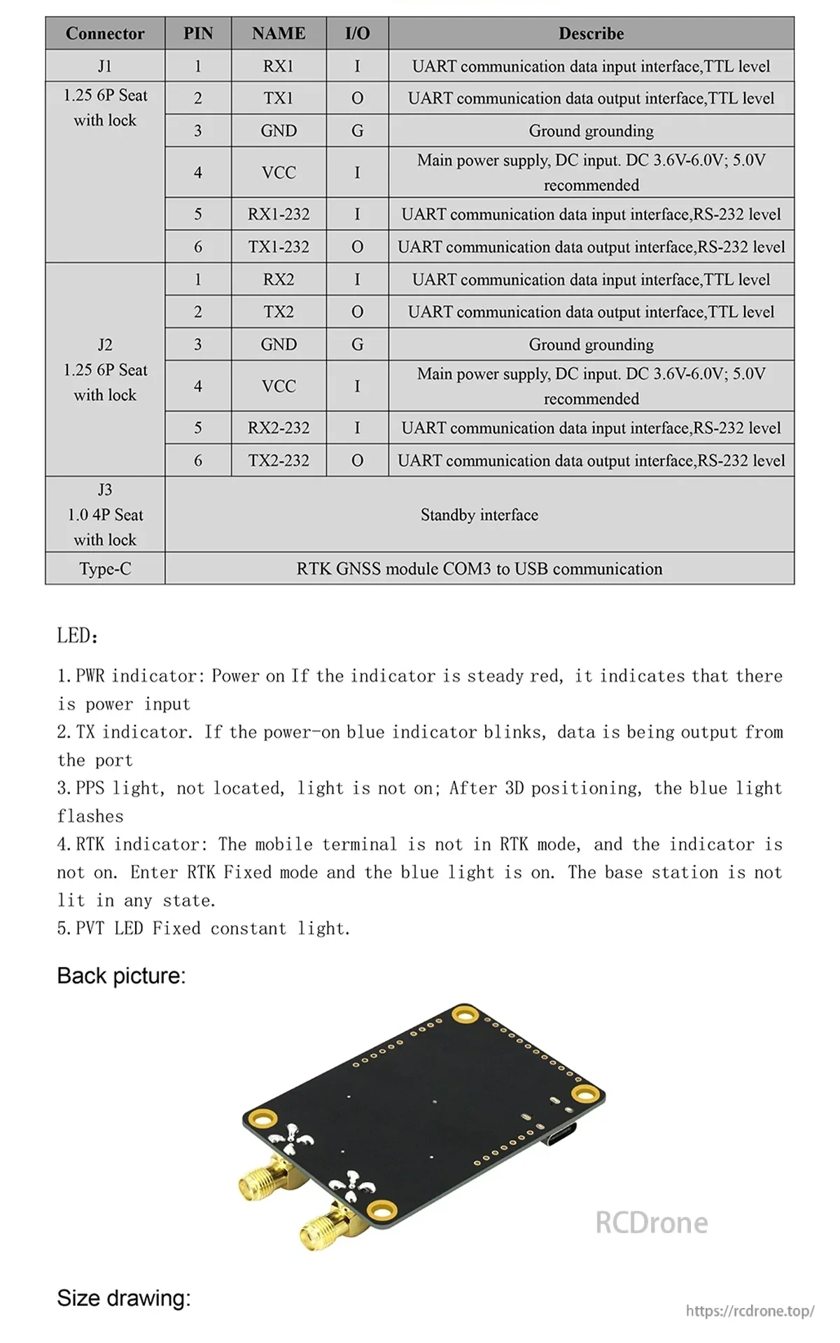 Connector and LED indicator reference for Beitian RTK GNSS module, plus back-side board view and size drawing