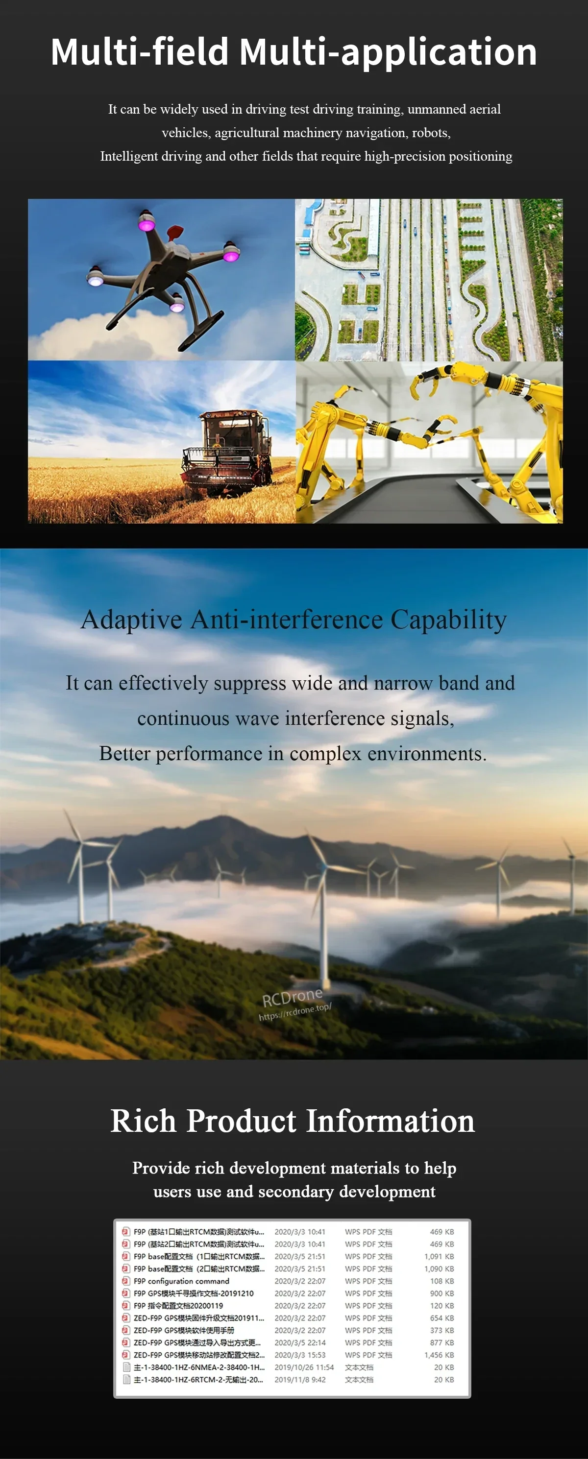 Application collage for RTK GNSS positioning module and anti-interference messaging for complex environments