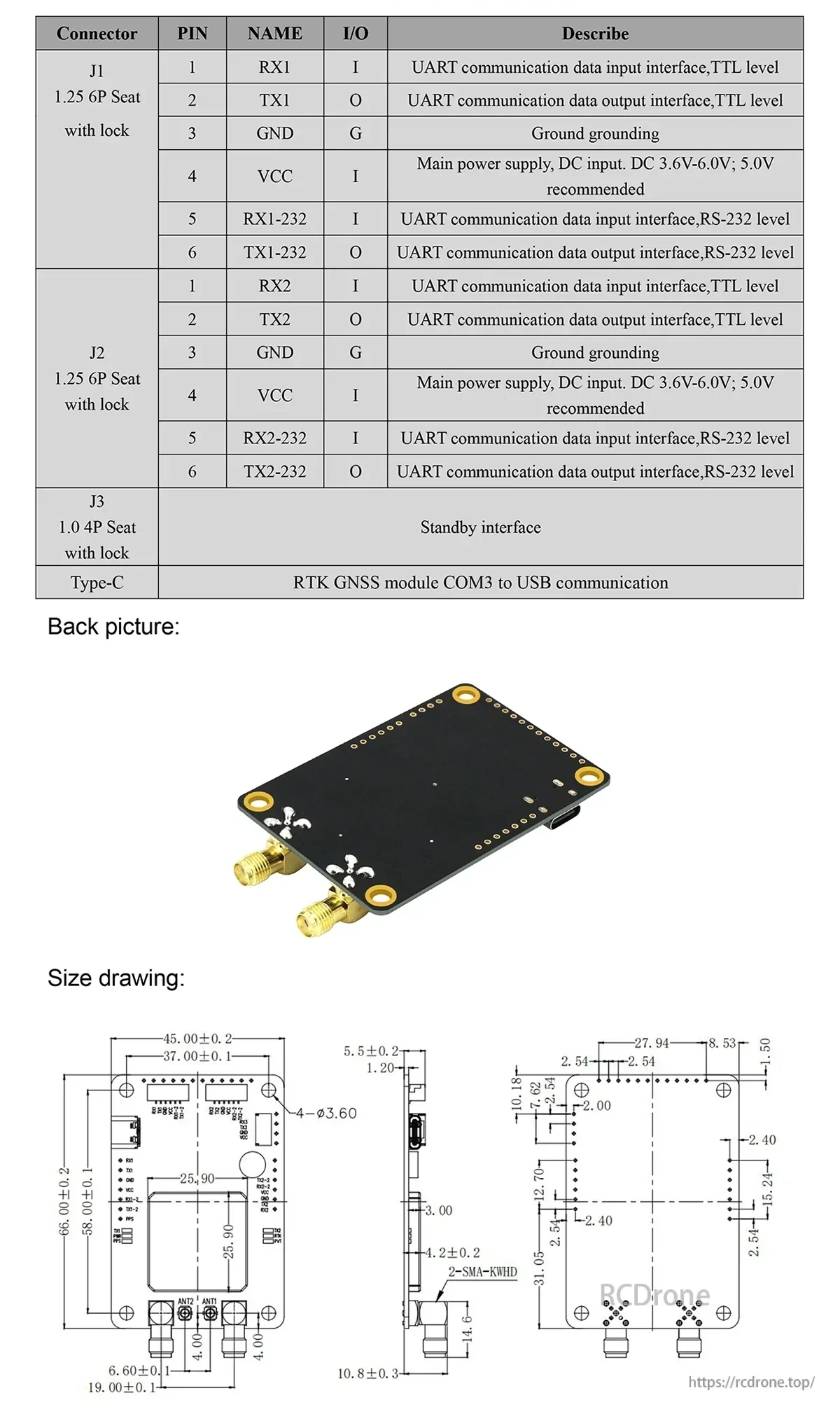 BT-982 module connector pinout table plus rear view of PCB and mechanical size drawing dimensions