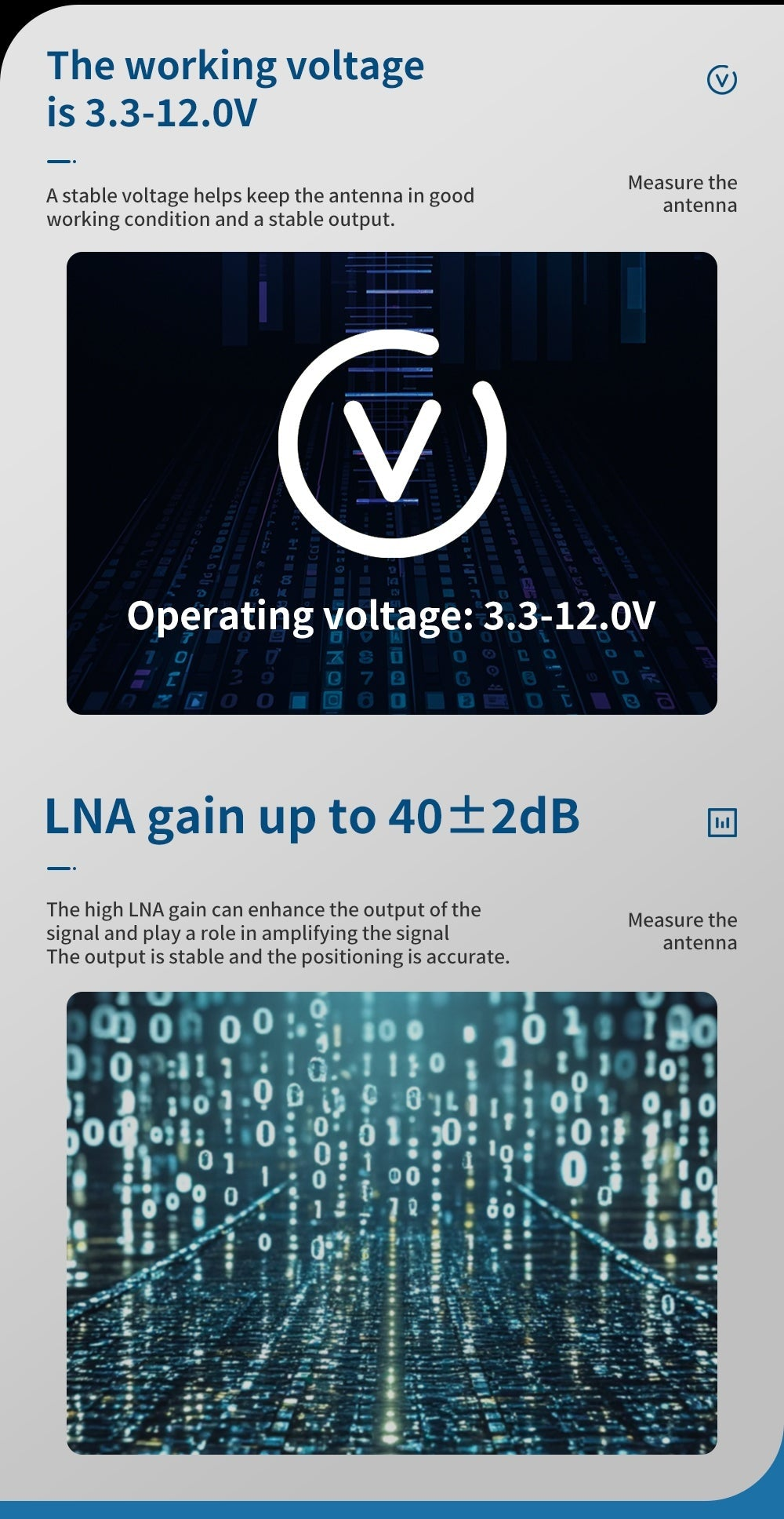 Operating voltage 3.3–12.0 V and LNA gain up to 40±2 dB performance highlights for BT-304 series