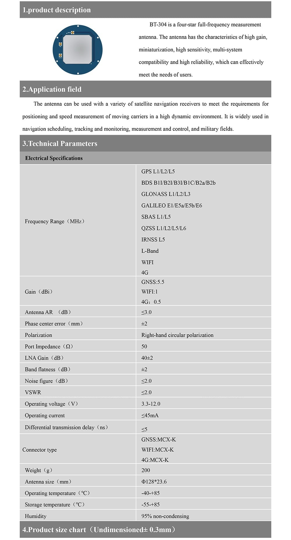 BT-304 full-band measurement antenna electrical specifications and supported GNSS constellations table