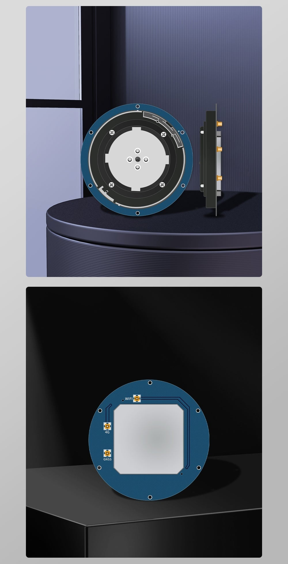 Product display renders showing top view and side profile of the BT-304 series antenna housing and base