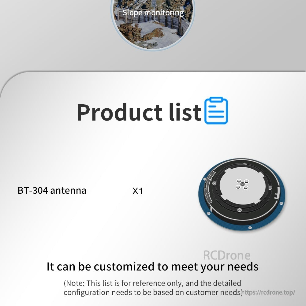 Package contents panel listing BT-304 antenna x1 and customization note