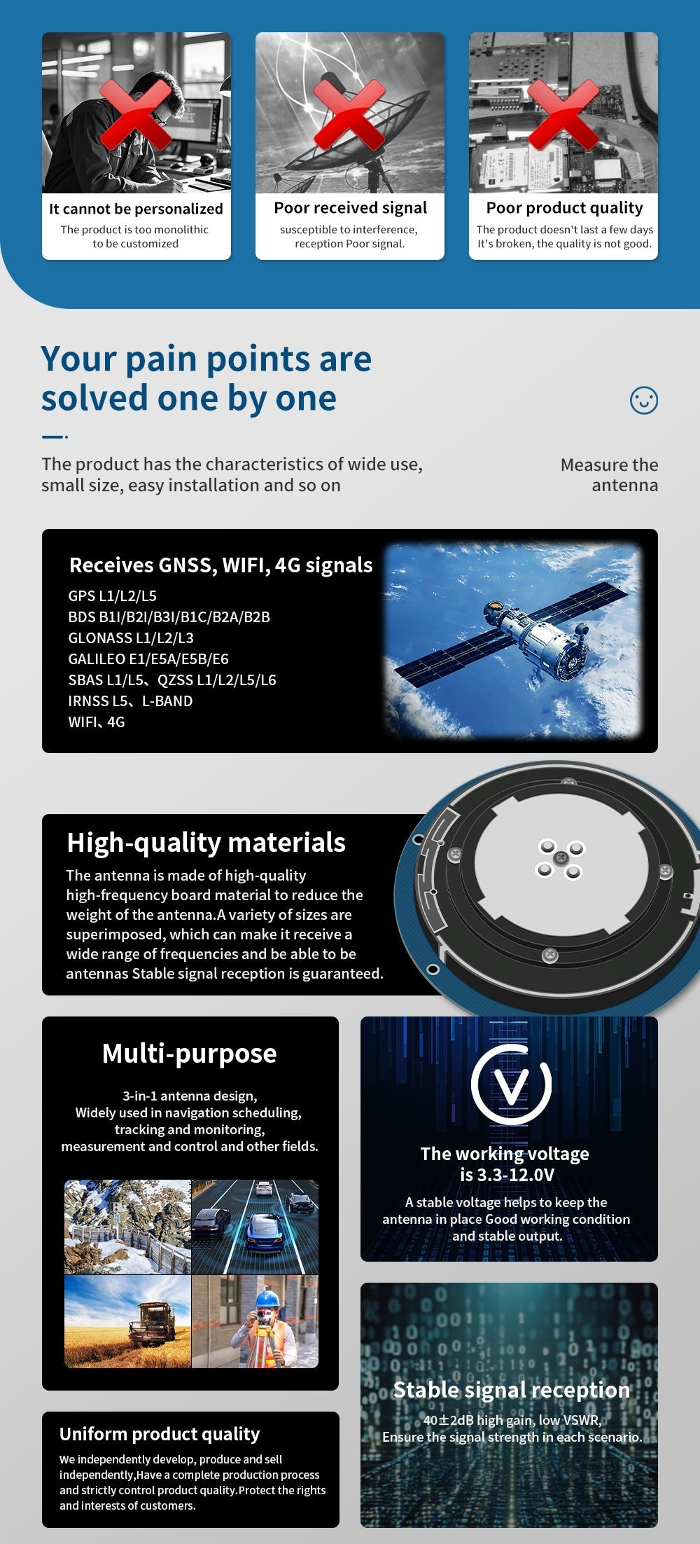Feature highlights panel: multi-constellation signal reception, high-quality materials, and stable signal performance