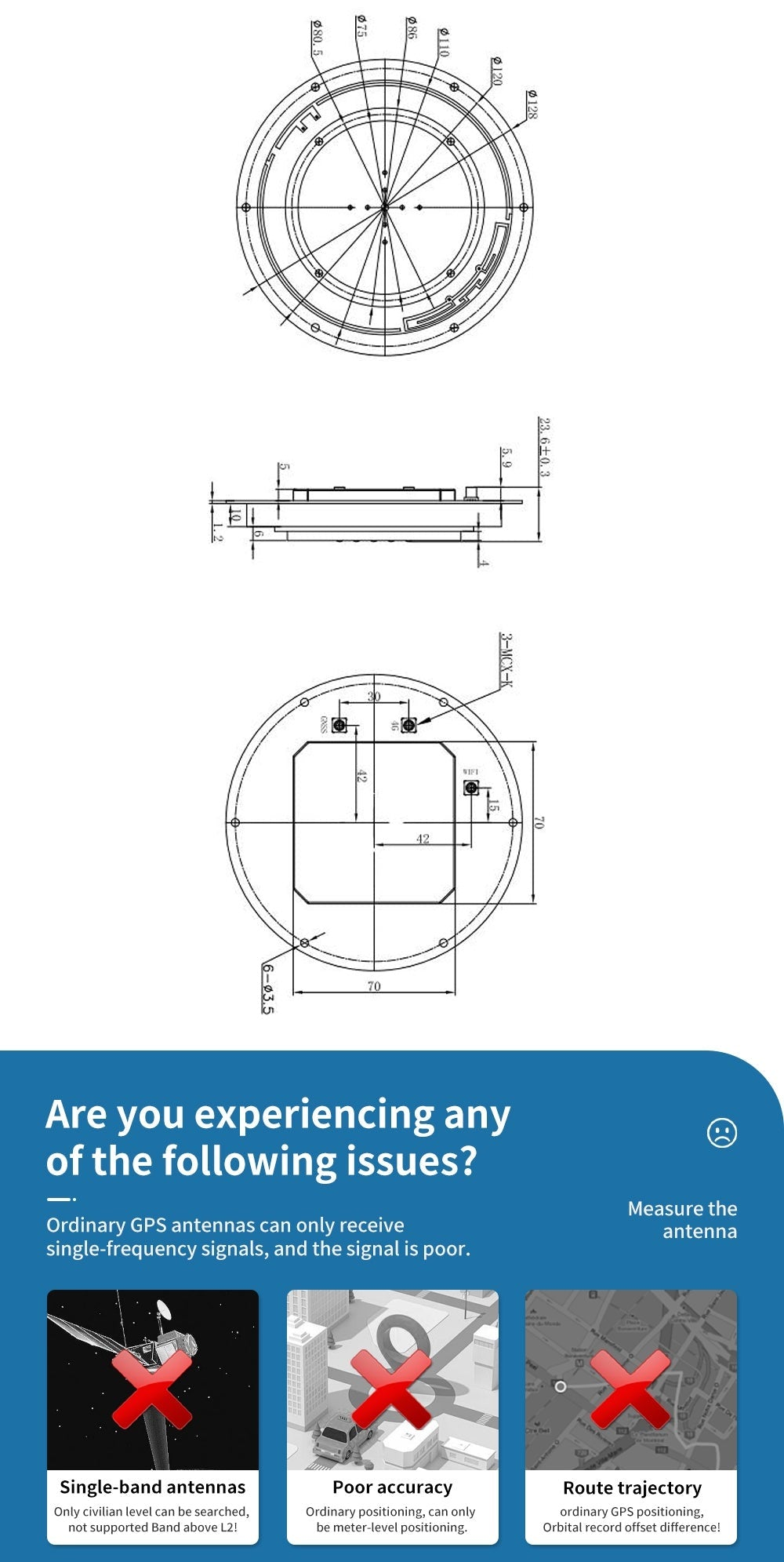 Mechanical dimension drawing for BT-304 series antenna with mounting hole layout and thickness callouts