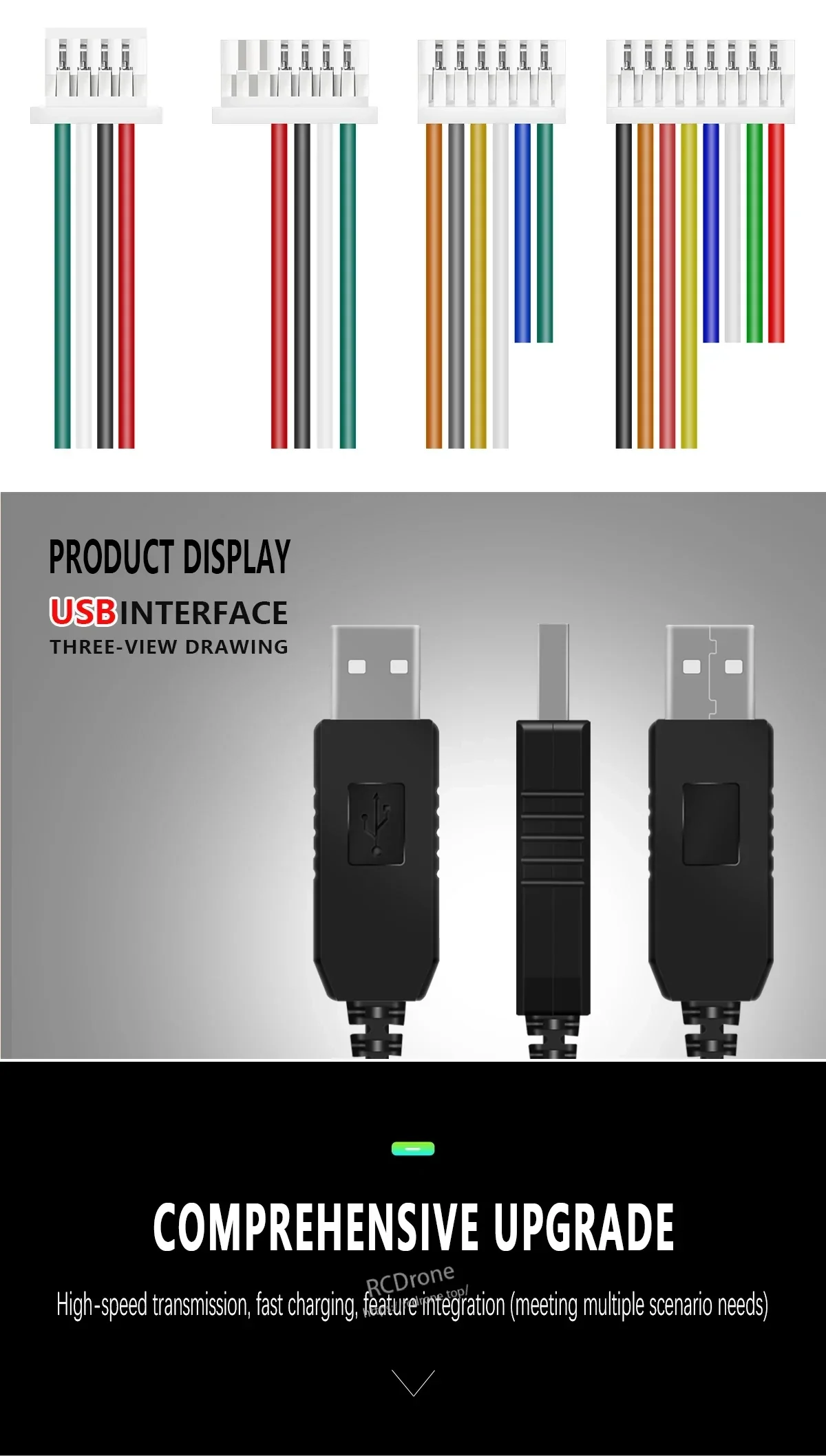 USB to TTL adapter cable interface options and three-view USB connector drawing for Beitian PL-2303HX/TA