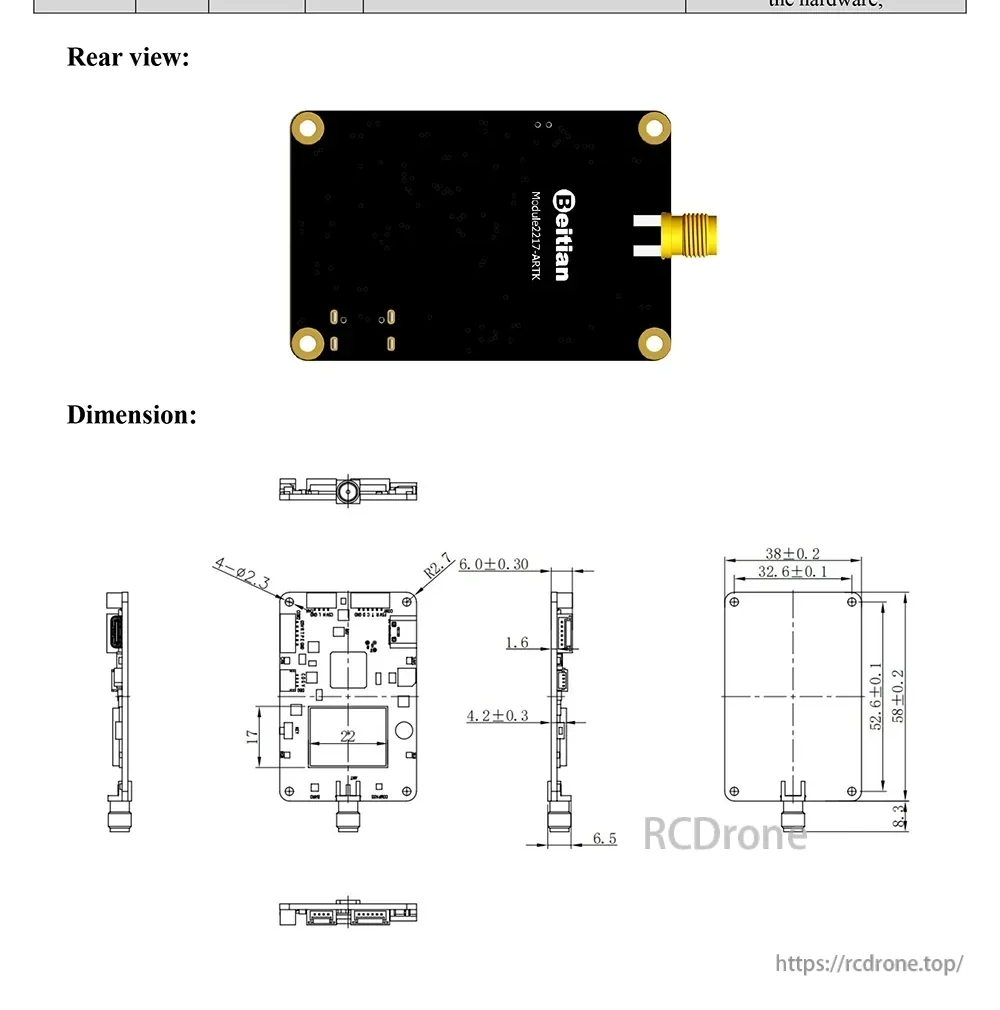 Beitian BG-518 rear view with mechanical dimension drawing and mounting hole layout