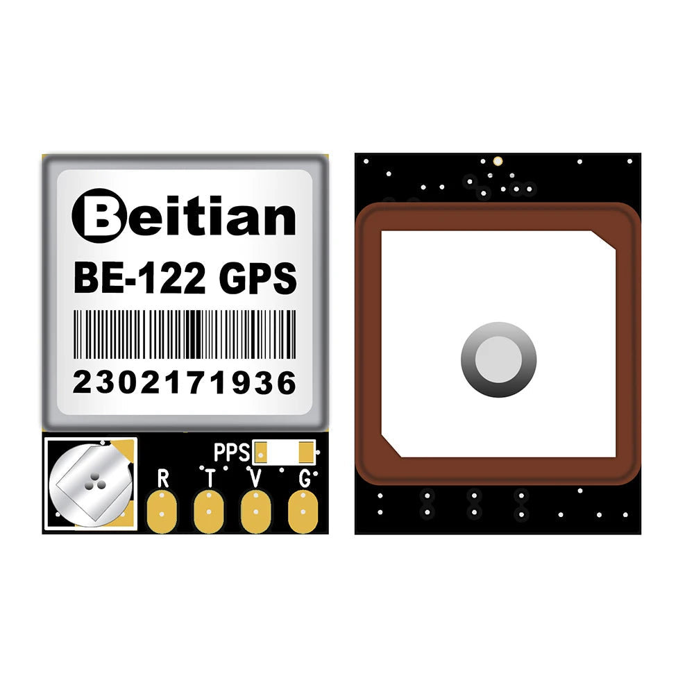 Beitian BE-122 M10 GNSS GPS module with ceramic patch antenna and labeled PPS, R, T, V and G solder pads