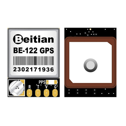 Beitian BE-122 M10 GNSS GPS module with ceramic patch antenna and labeled PPS, R, T, V and G solder pads