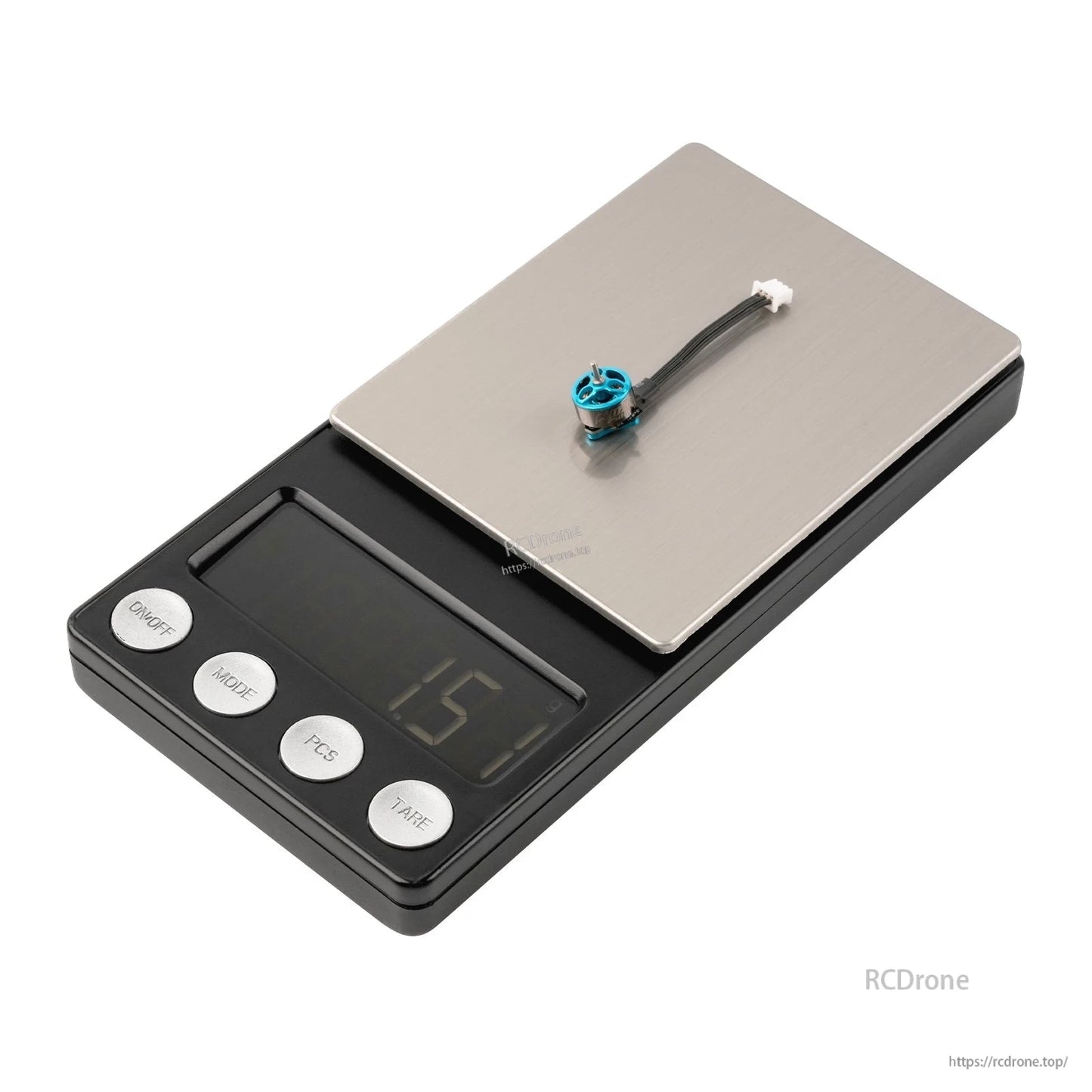 Blue micro brushless motor on digital scale showing 1.51 g weight with lead and plug