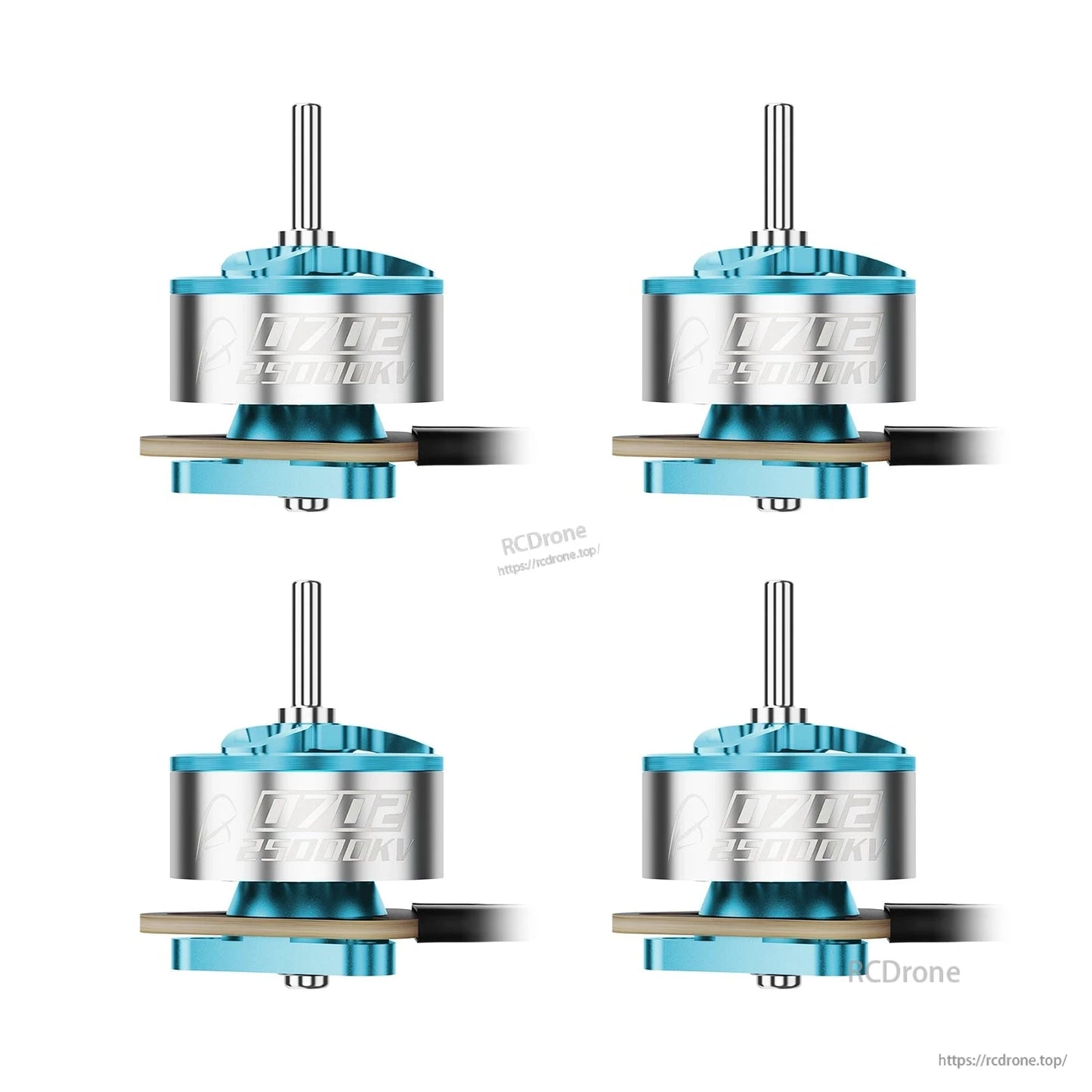 Blue 0702 micro brushless motor set, four motors shown with shafts, wires, and connector