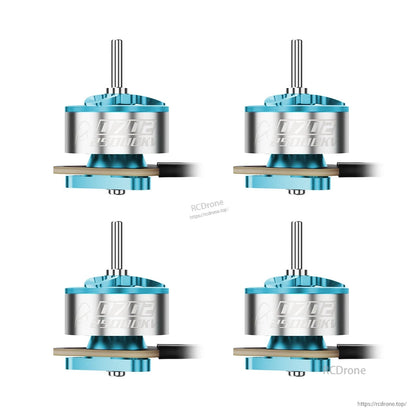 Blue 0702 micro brushless motor set, four motors shown with shafts, wires, and connector