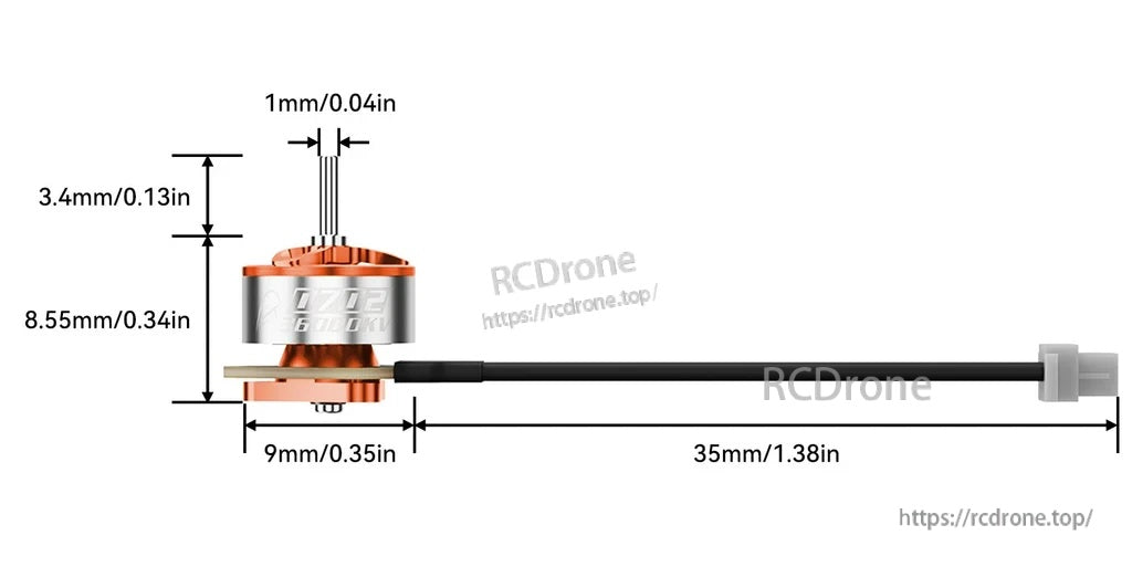 BetaFPV 0702 motor dimensions with 1.0mm shaft, 3.4mm shaft length, 35mm wires and JST1.25 3-pin connector