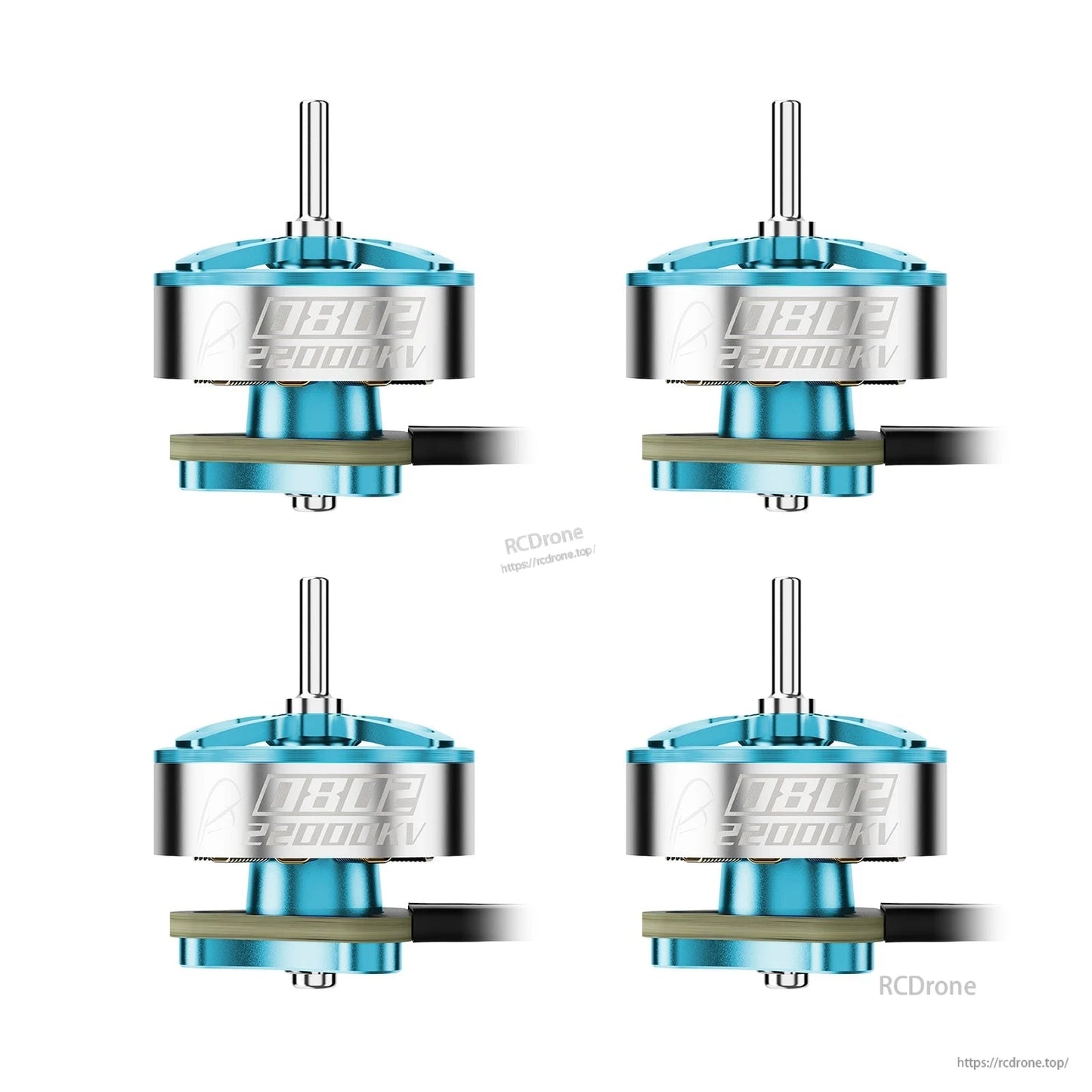 Blue micro brushless motors shown in a 4-pack layout, side view with motor shaft and wire lead