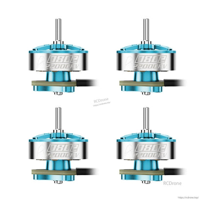 Blue micro brushless motors shown in a 4-pack layout, side view with motor shaft and wire lead