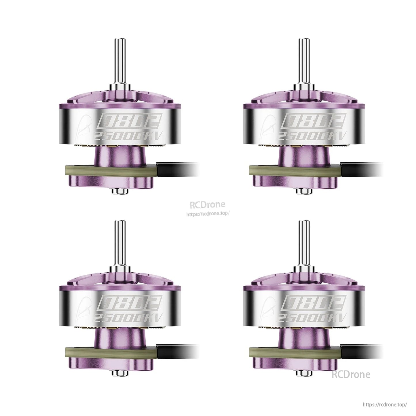 BetaFPV 0802 brushless motor set in purple, side profile with shaft, mounting base, and lead wires