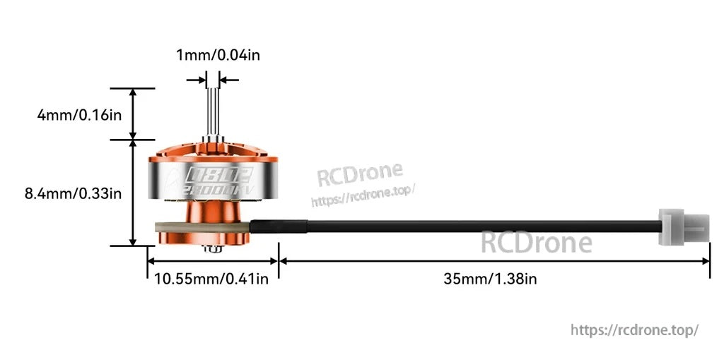 BetaFPV 0802 motor dimension drawing with 10.55mm diameter, 8.4mm body height, 1mm shaft, and 35mm wire length