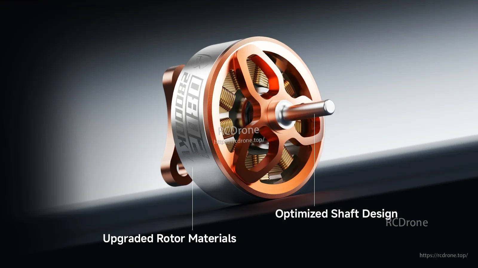 Close-up of BetaFPV 0802 brushless motor showing upgraded rotor materials and optimized shaft design for crash resistance