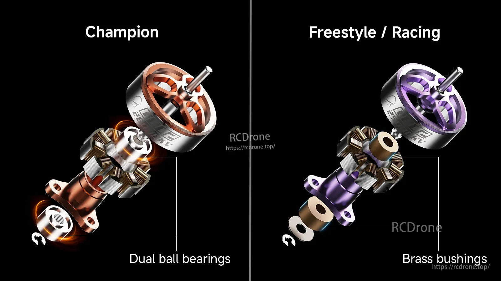Bearing type comparison: Champion 0802 uses dual ball bearings, while Racing and Freestyle versions use brass bushings