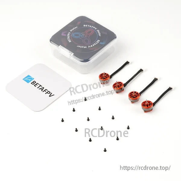 Package contents with four BetaFPV 0802 motors, mounting screws, and storage case