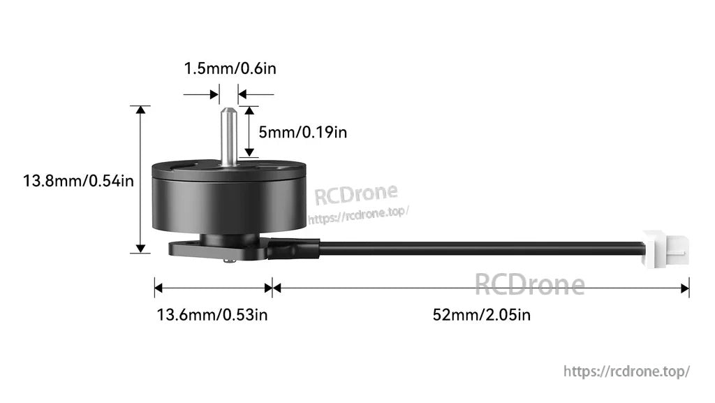 1103 motor dimension chart with 13.8mm height, 13.6mm diameter, 1.5mm shaft and 52mm wire length