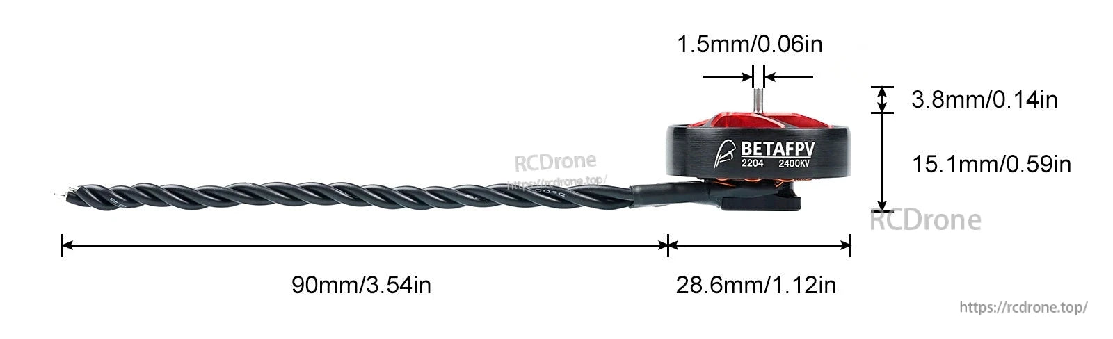 BetaFPV 2204 motor dimensions with 105mm lead, 1.5mm shaft and 3.8mm shaft length measurement graphic