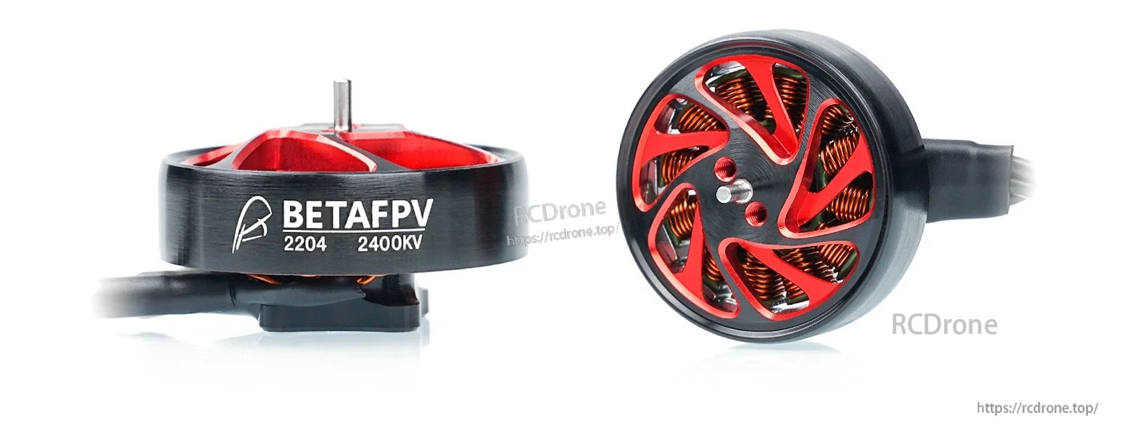 BetaFPV 2204 2400KV brushless motor in black-red finish with BETAFPV branding, side and top views