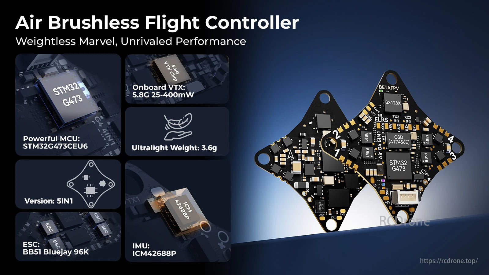 BetaFPV, Air Brushless Flight Controller features STM32G473CEU6 MCU, 5.8G VTX, 5IN1 design, BB51 Bluejay 96K ESC, ICM42688P IMU, and weighs only 3.6g for top-tier performance.