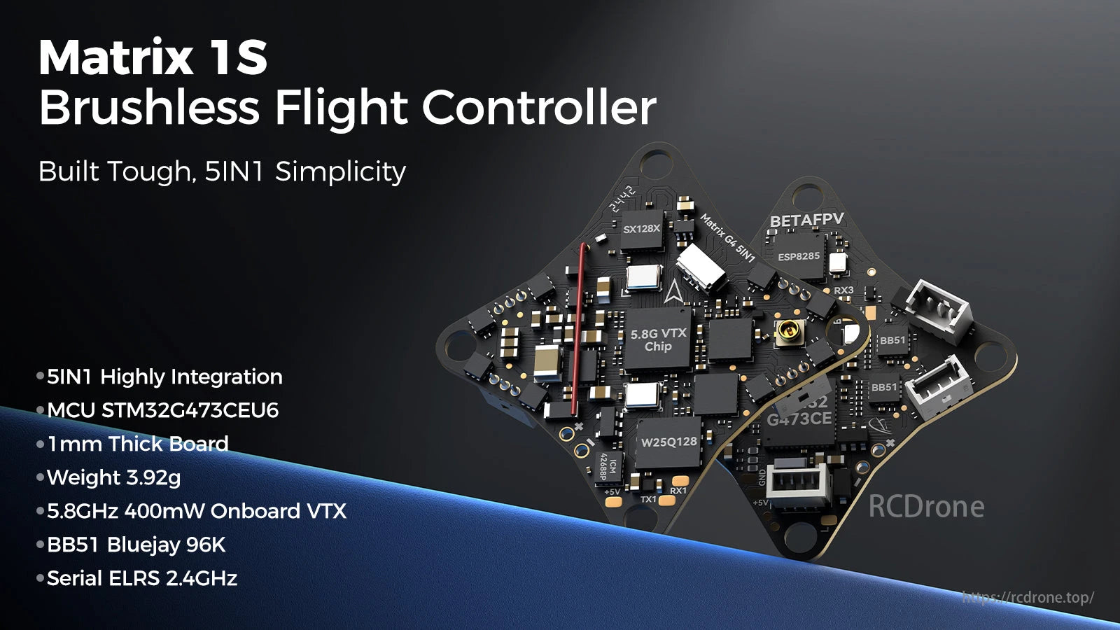 BetaFPV, Matrix 1S: Durable 5IN1 brushless flight controller with STM32G473CEU6 MCU, lightweight design, and support for 5.8GHz VTX, BB51 Bluejay, and ELRS 2.4GHz.
