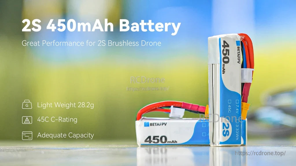 BetaFPV 450mAh 2S 45C LiPo Battery pair for 2S brushless whoop drones, 28.2g lightweight pack