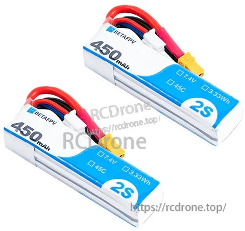 Two BetaFPV 450mAh 2S 7.4V 45C LiPo batteries with XT30 connector and silicone leads, 2-pack