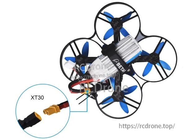 BetaFPV 4S Whoop Power Cable installed on a whoop drone, with XT30 plug detail callout