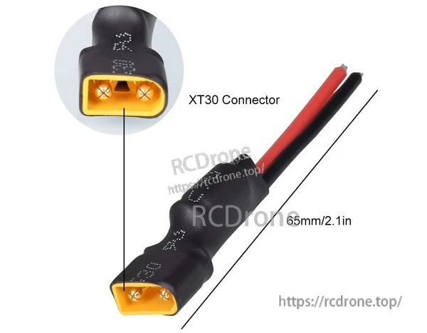 XT30 connector pigtail with red/black silicone wires and 65mm (2.1 in) cable length callout