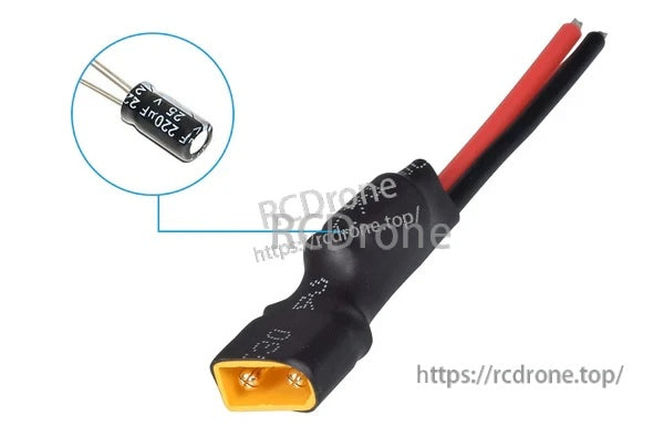 XT30 power pigtail with heat-shrink cover and integrated 25V 220uF capacitor for ESC voltage spike protection
