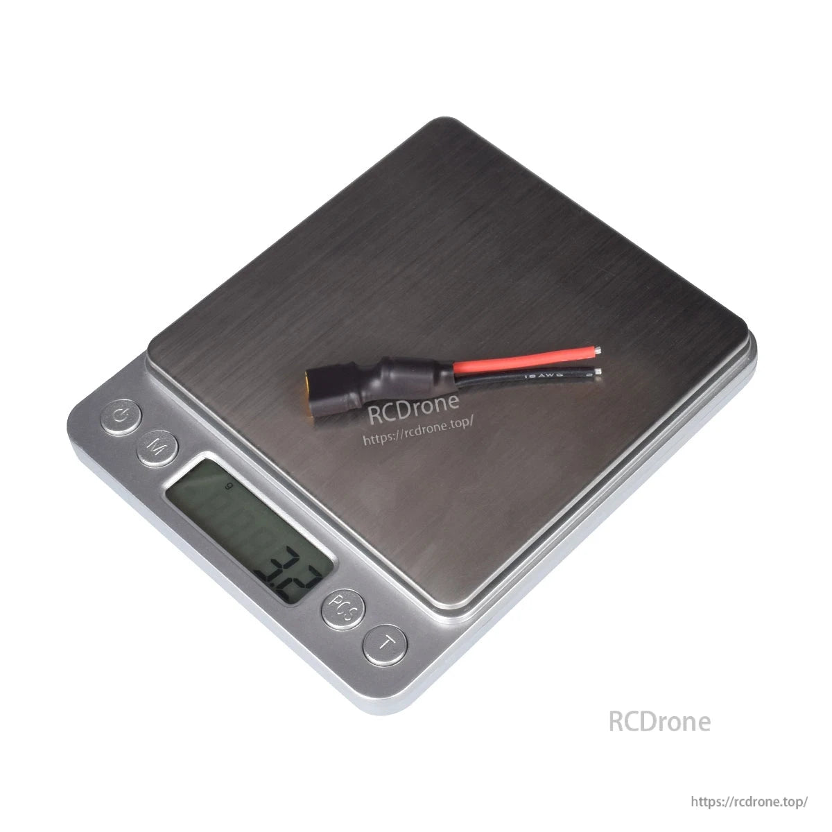 4S whoop power cable on digital scale showing 3.2 g weight