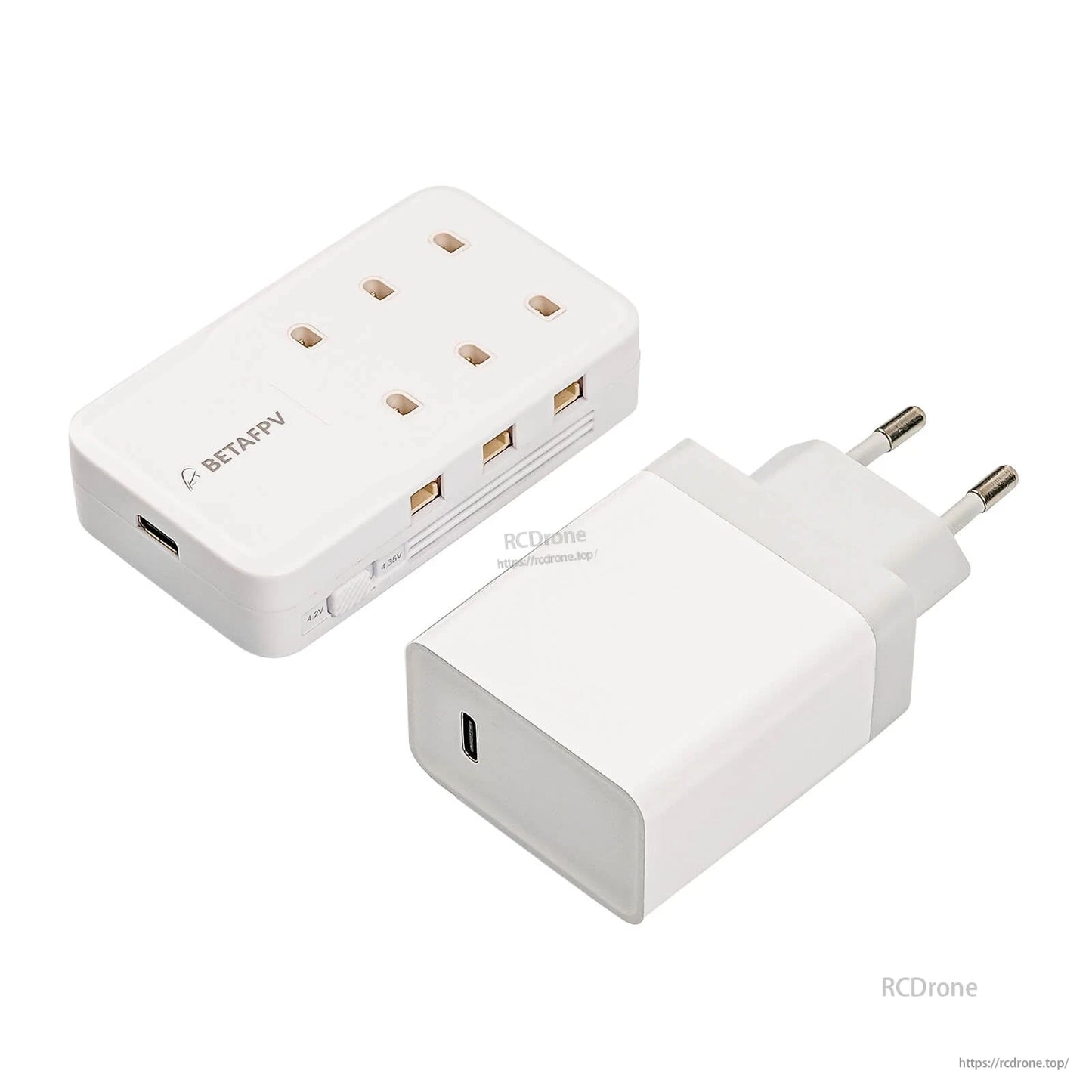 Charger with EU wall adapter shown, round two-pin plug with USB-C port