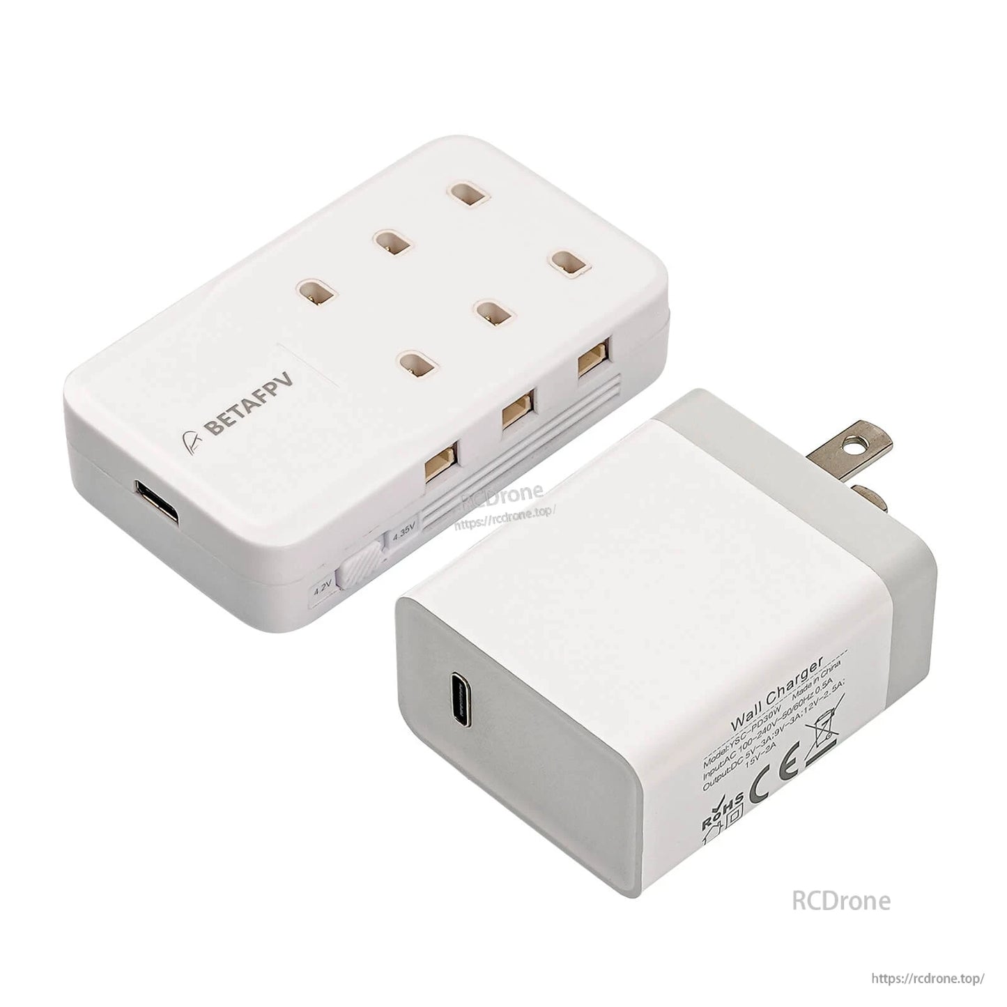 Charger with US wall adapter shown, USB-C port visible on the power plug